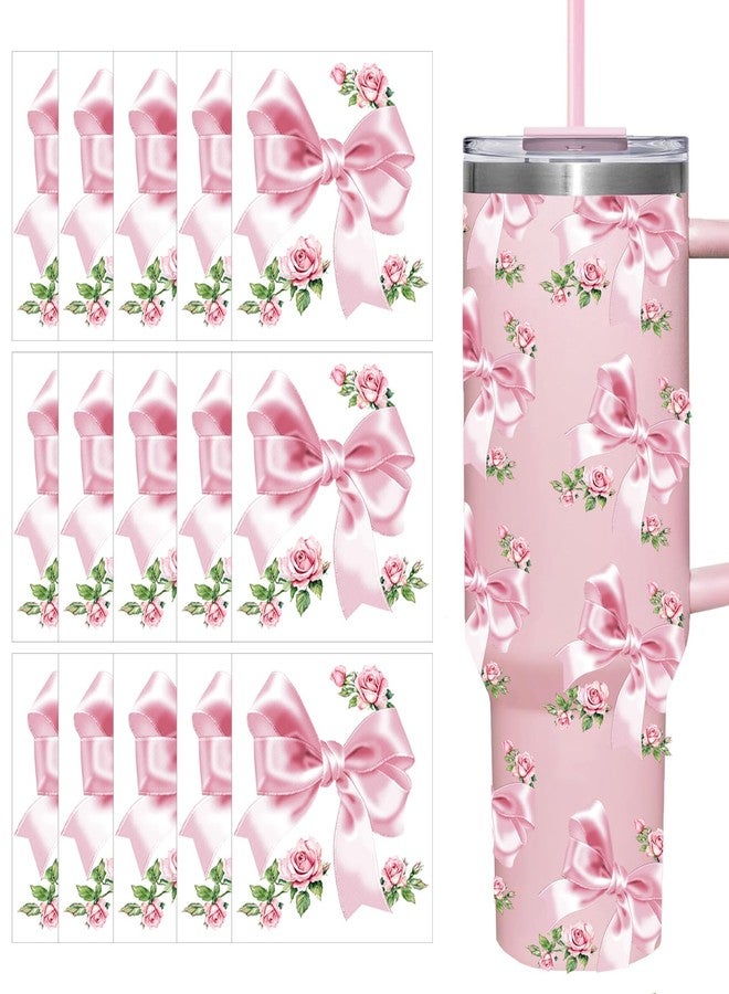 Foaryoer UV DTF Transfer Bow Stickers for Water Bottles,15 Sheets Pink Bow Rose Sticker for 40 OZ Love Shack Fancy Floral Stanley Cup Accessories, Cute Cup Stickers for DIY Tumbler,Water Bottles,Laptops(Pink) - Image 1